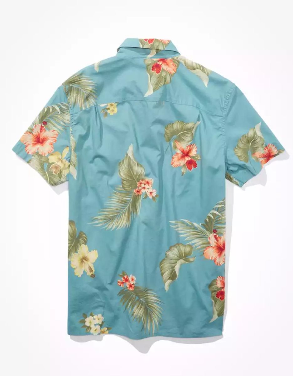 Hauts Flanelle American Eagle AE Tropical Button-Up Resort Shirt Turquoise Homme | FJS-26033845